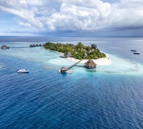 Aerial view of the island of Rannalhi, with the Divepoint Rannalhi at the bottom, Club Andaaran, South Male Atoll, Maldives, Indian Ocean.
